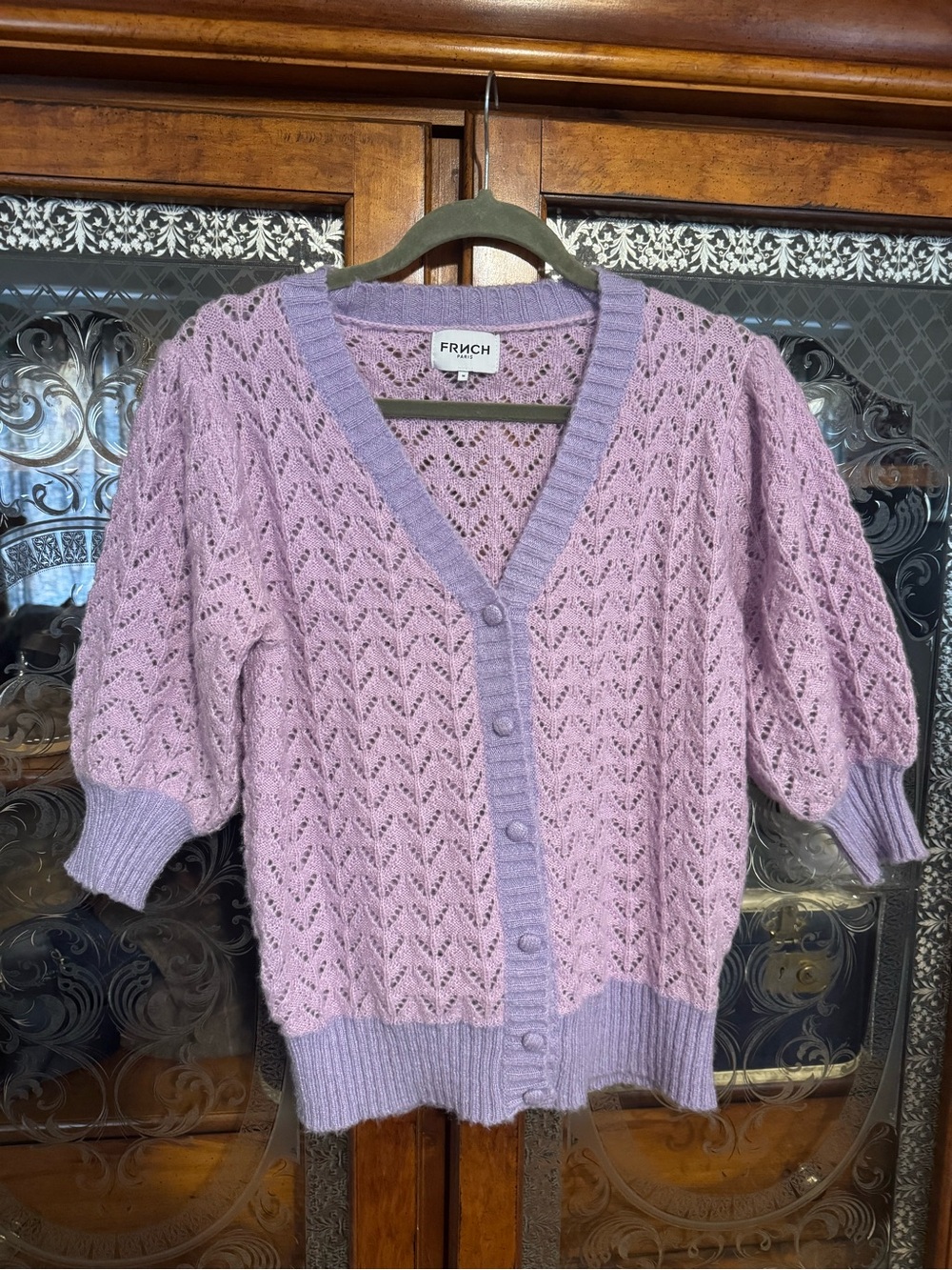 FRNCH Lavender Pointelle V‑Neck Buttoned Cardigan